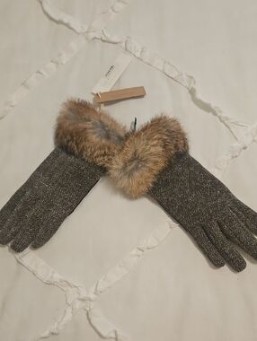 Women's XS Faux Fur Trim Tweed Gloves - Brown